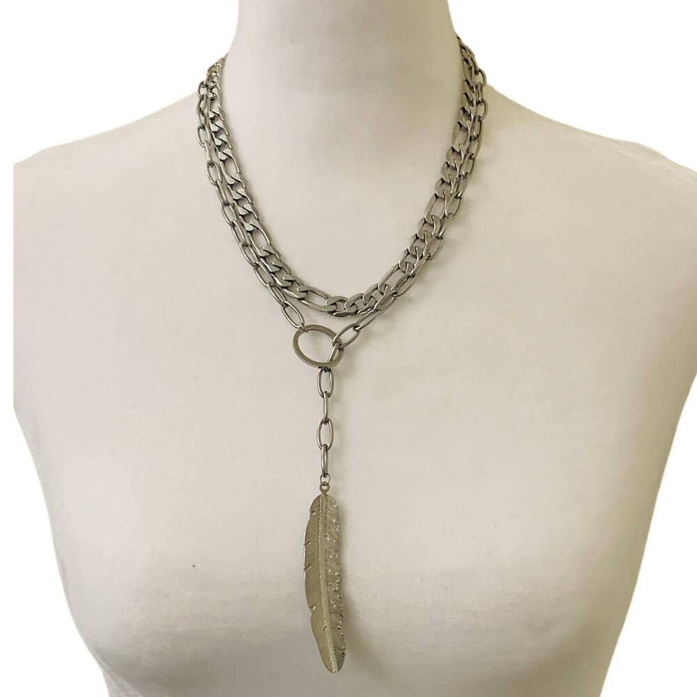 Adornia Mixed Chain Leaf Y Necklace Stainless Steel Adjustable Chain